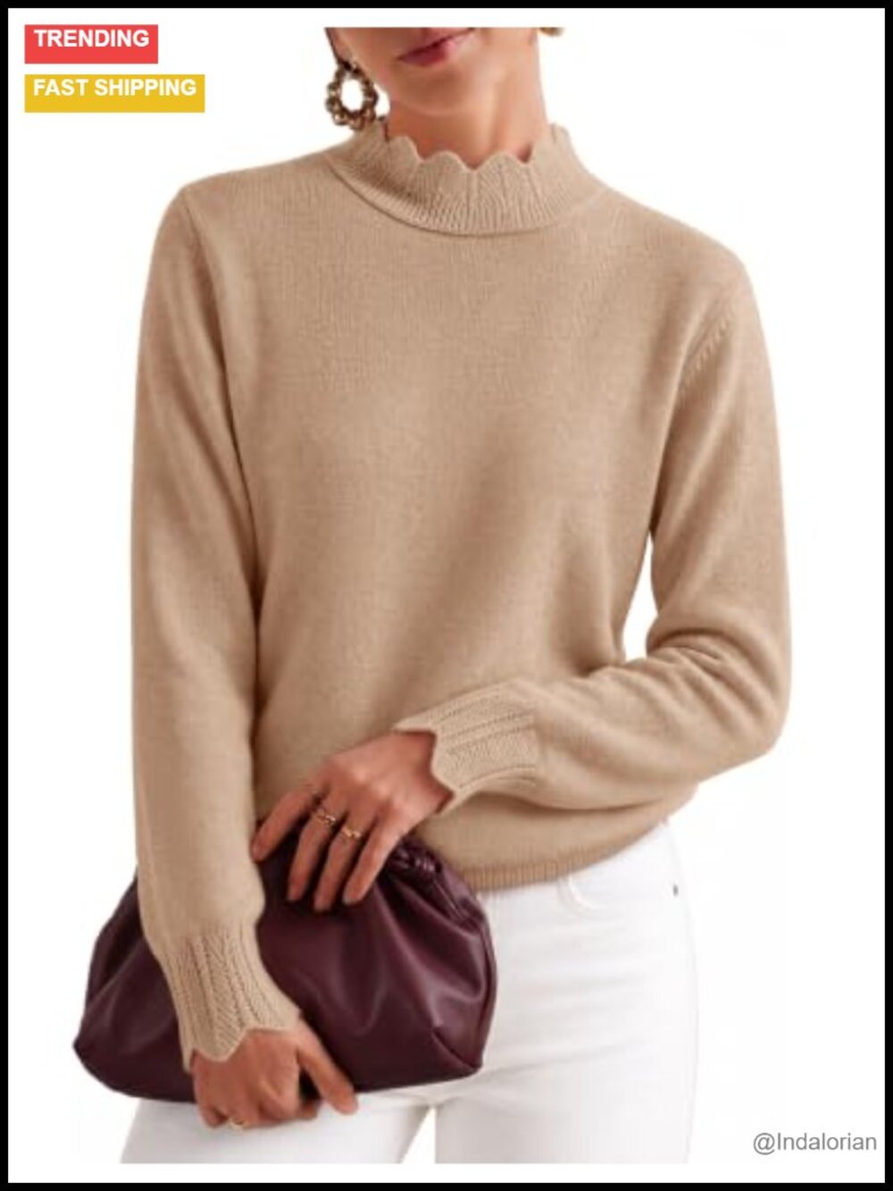 Scalloped Mock Neck Pullover Sweater Puff Sleeve Women's Fall Winter Knit